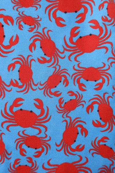 Close up View of Crab Print Swing Dress in blue