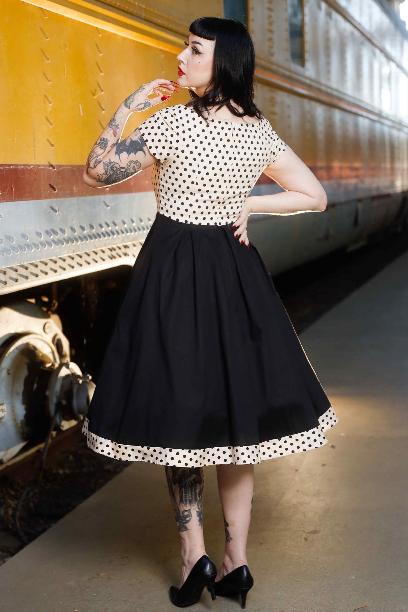 Cream & Black Polka Dot 50s Swing Dress