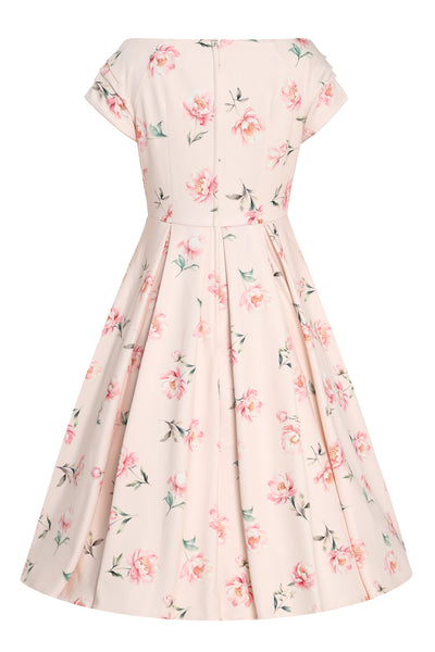 Back View of Cream & Pink Peony Off Shoulder Dress