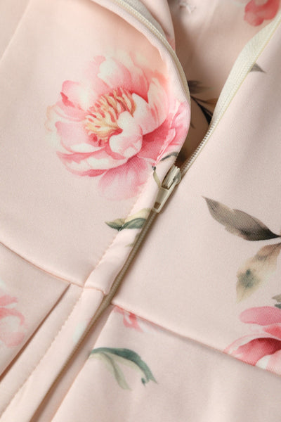 Close up View of Cream & Pink Peony Off Shoulder Dress
