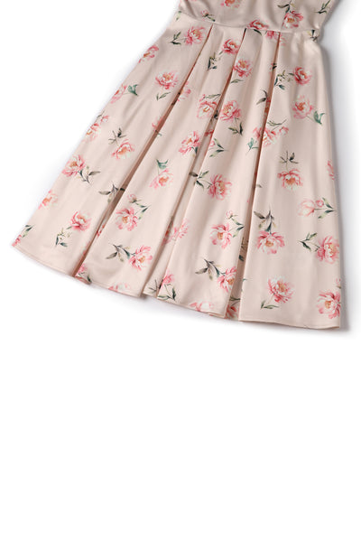 Close up View of Cream & Pink Peony Off Shoulder Dress