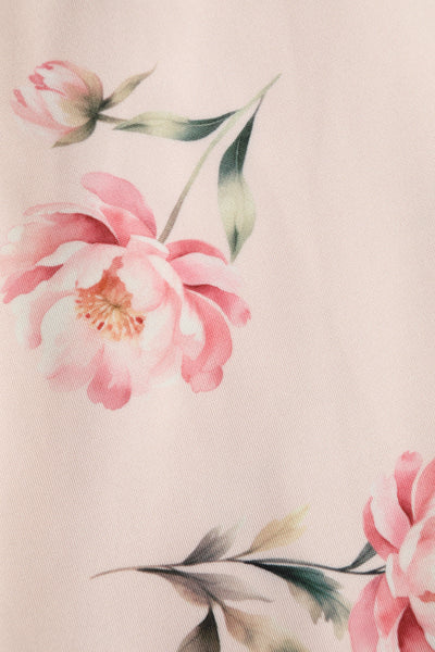 Close up View of Cream & Pink Peony Off Shoulder Dress