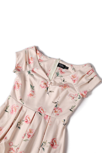 Close up View of Cream & Pink Peony Off Shoulder Dress