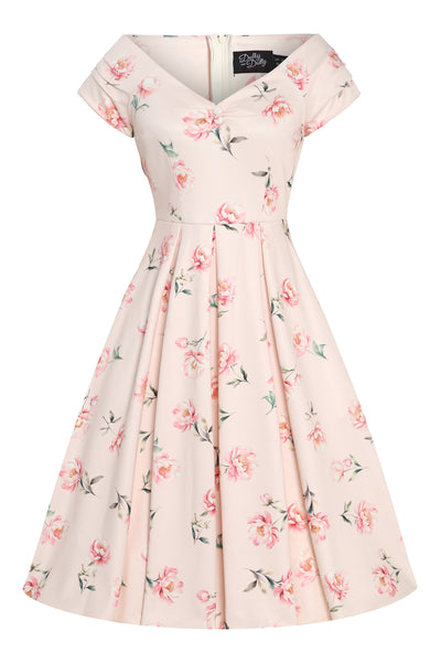 Front view of Cream & Pink Peony Off Shoulder Dress
