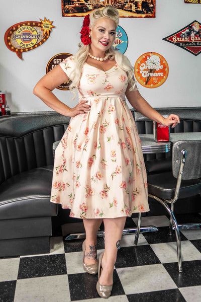 Model photo of Cream & Pink Peony Off Shoulder Dress