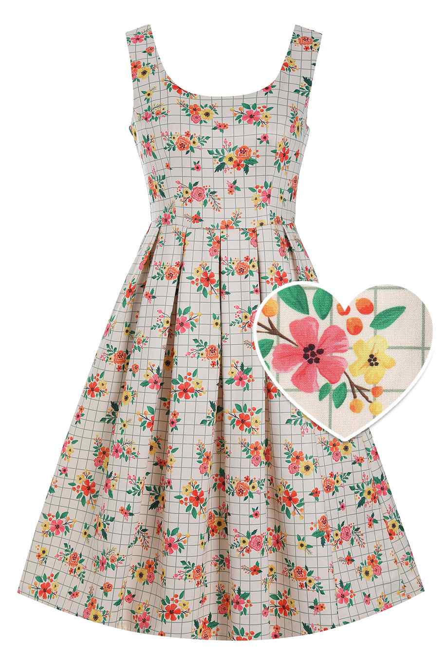 Front view of Cream White Floral Check Dress