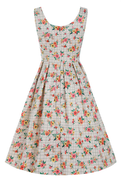 Back view of Cream White Floral Check Dress