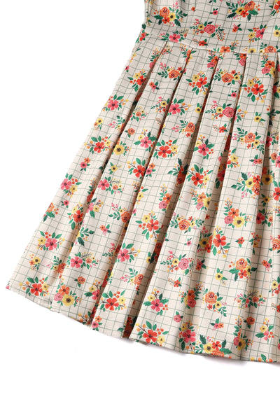 Close up view of Cream White Floral Check Dress