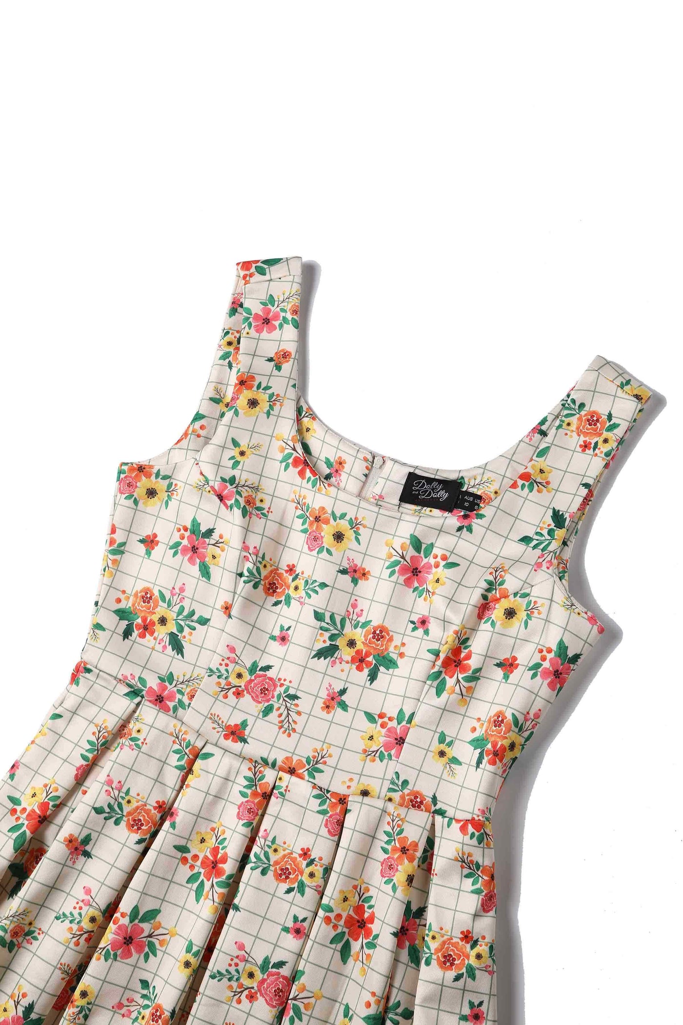 Close up view of Cream White Floral Check Dress