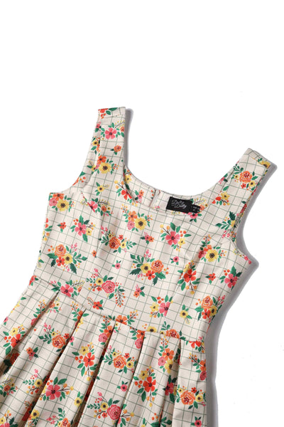 Close up view of Cream White Floral Check Dress