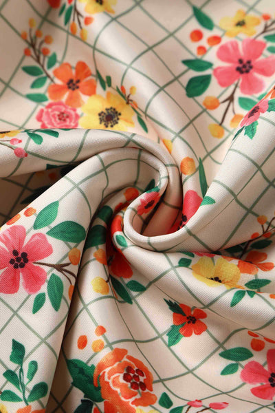 Close up view of Cream White Floral Check Dress