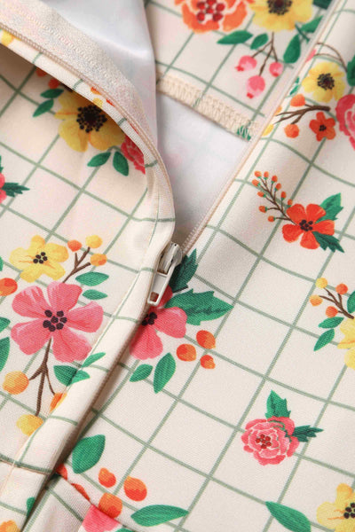 Close up view of Cream White Floral Check Dress