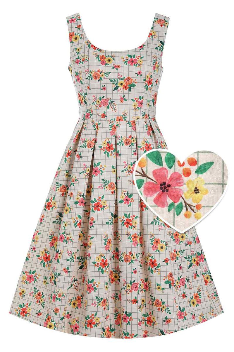 Front view of Cream White Floral Check Dress