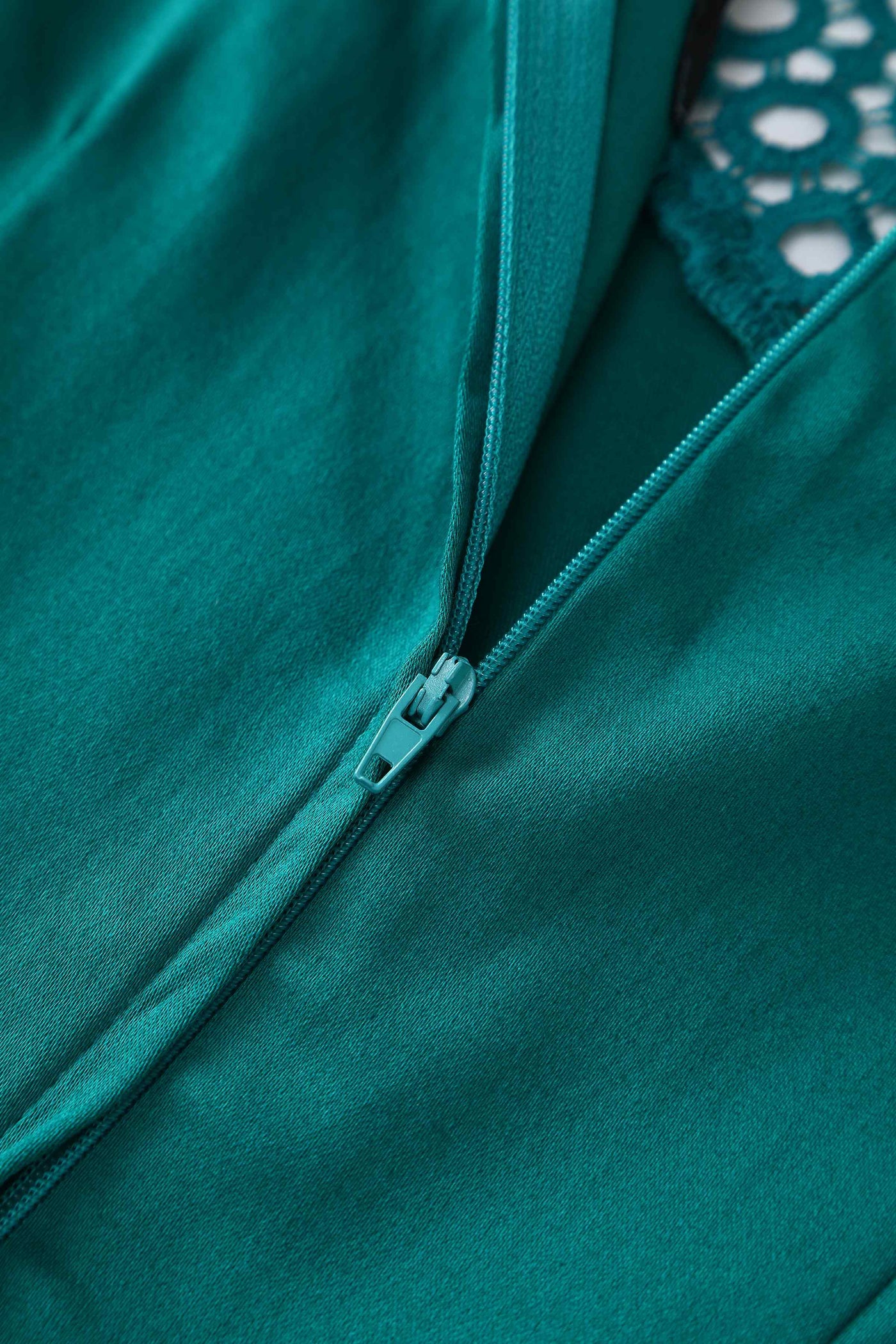 Close up view of Crochet Lace Formal Dress In Emerald Green