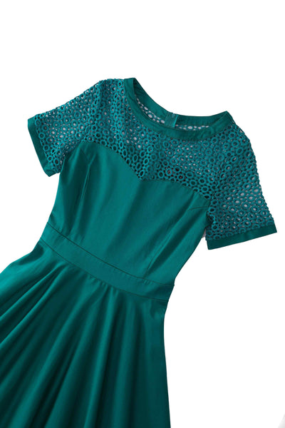 Close up view of Crochet Lace Formal Dress In Emerald Green