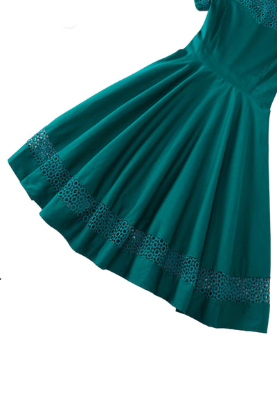Close up view of Crochet Lace Formal Dress In Emerald Green