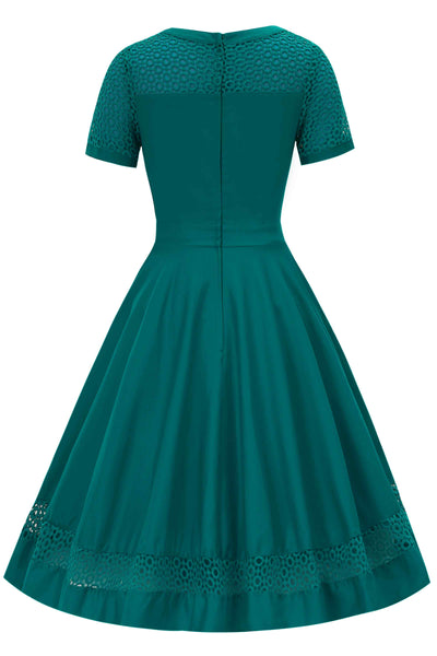 Back view of Crochet Lace Formal Dress In Emerald Green