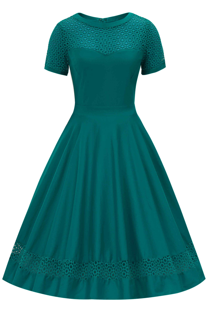 Front view of Crochet Lace Formal Dress In Emerald Green
