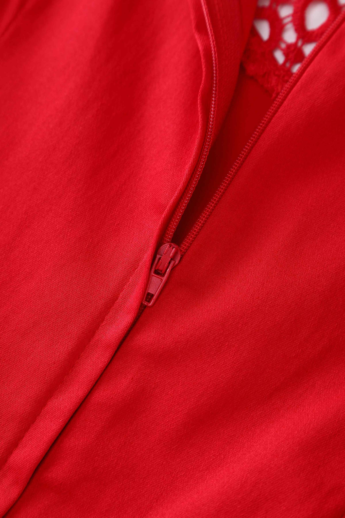 Close up  view of Crochet Lace Formal Dress In Red