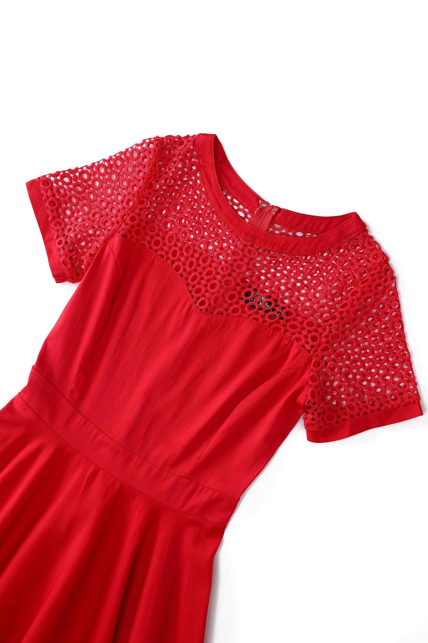 Close up  view of Crochet Lace Formal Dress In Red