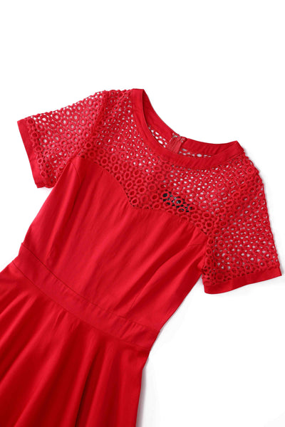 Close up  view of Crochet Lace Formal Dress In Red