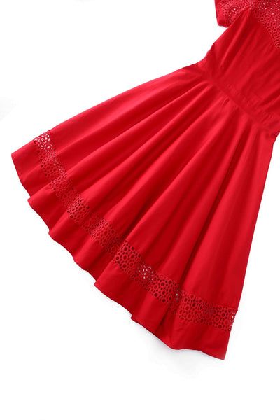 Close up  view of Crochet Lace Formal Dress In Red