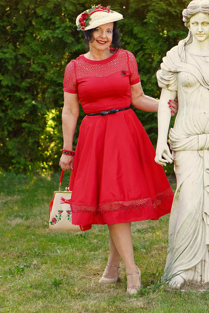 Classic Crochet Lace Formal Dress In Red Cotton