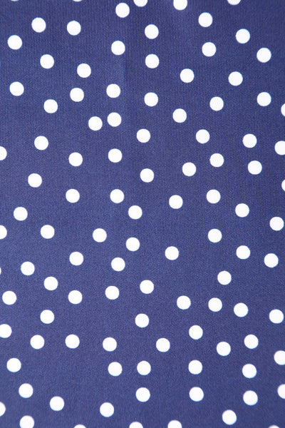 Close up view of Cross Strap Fitted Dress in Blue Polka Dots