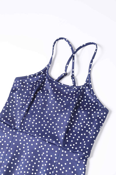 Close up view of Cross Strap Fitted Dress in Blue Polka Dots