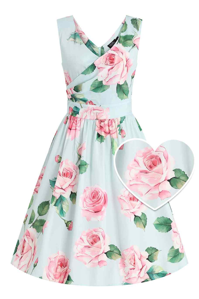 Fron view of Crossover Bust Baby Blue Rose Dress