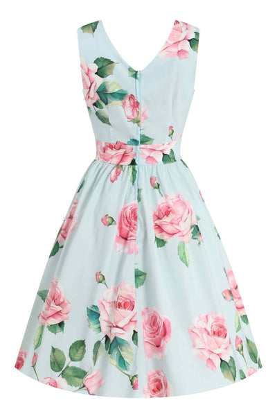 Back view of Crossover Bust Baby Blue Rose Dress