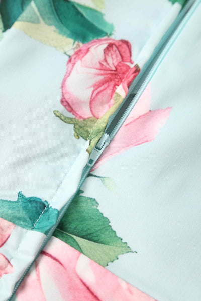 Close up view of Crossover Bust Baby Blue Rose Dress