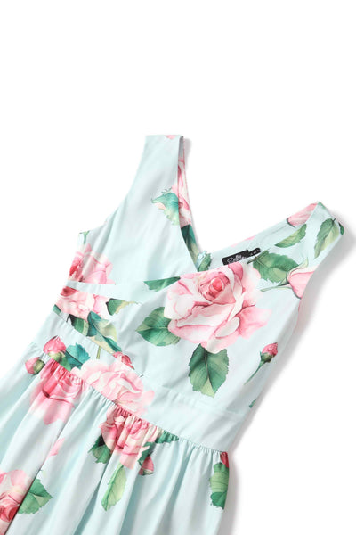 Close up view of Crossover Bust Baby Blue Rose Dress
