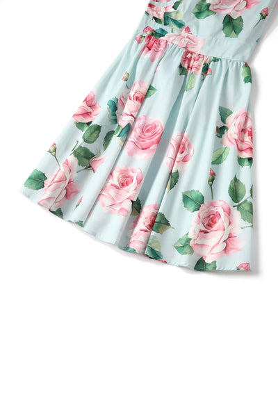 Close up view of Crossover Bust Baby Blue Rose Dress