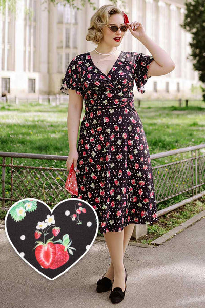 Crossover Bust Black Strawberry Dress