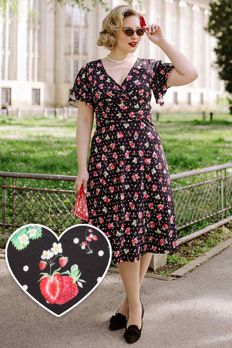 Crossover Bust Black Strawberry Dress