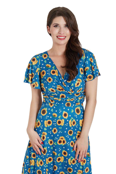Crossover Bust Blue Sunflower Dress