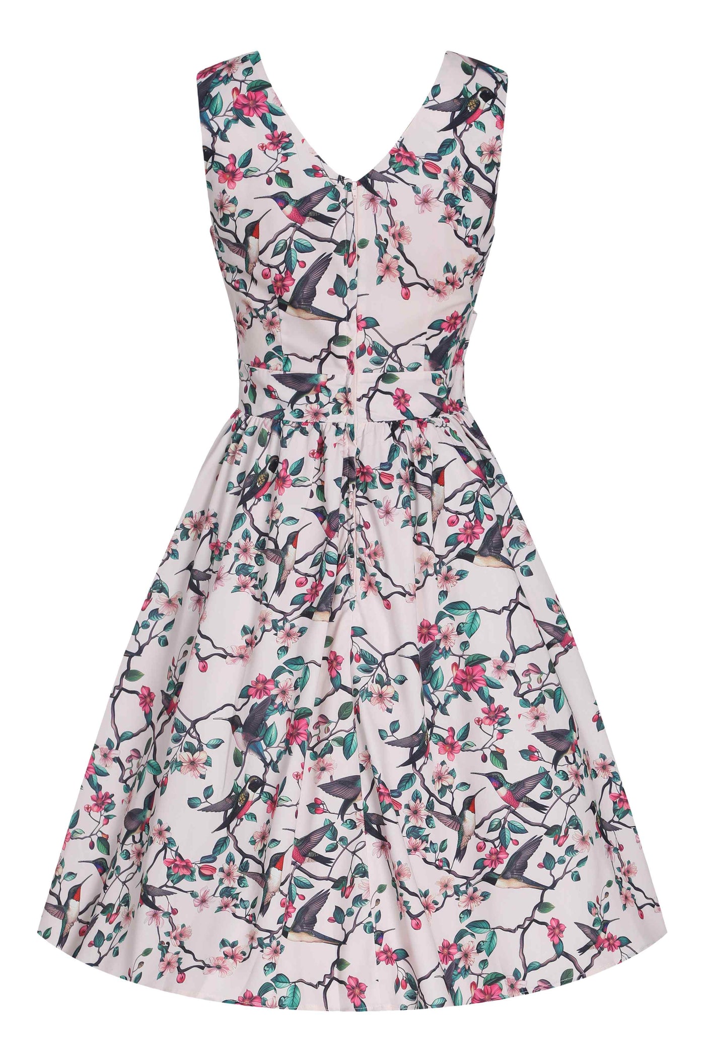 Back view of Crossover Bust Circle Dress In White Bird Print