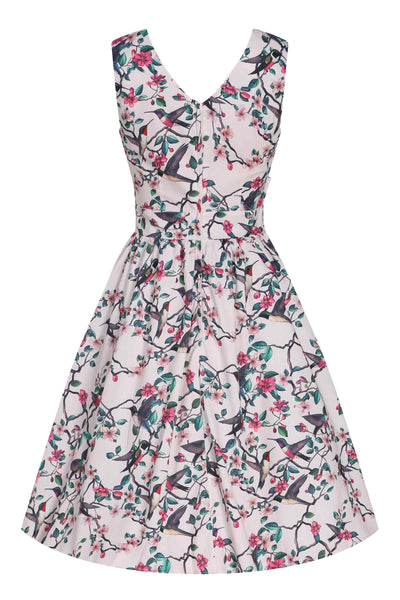Back view of Crossover Bust Circle Dress In White Bird Print