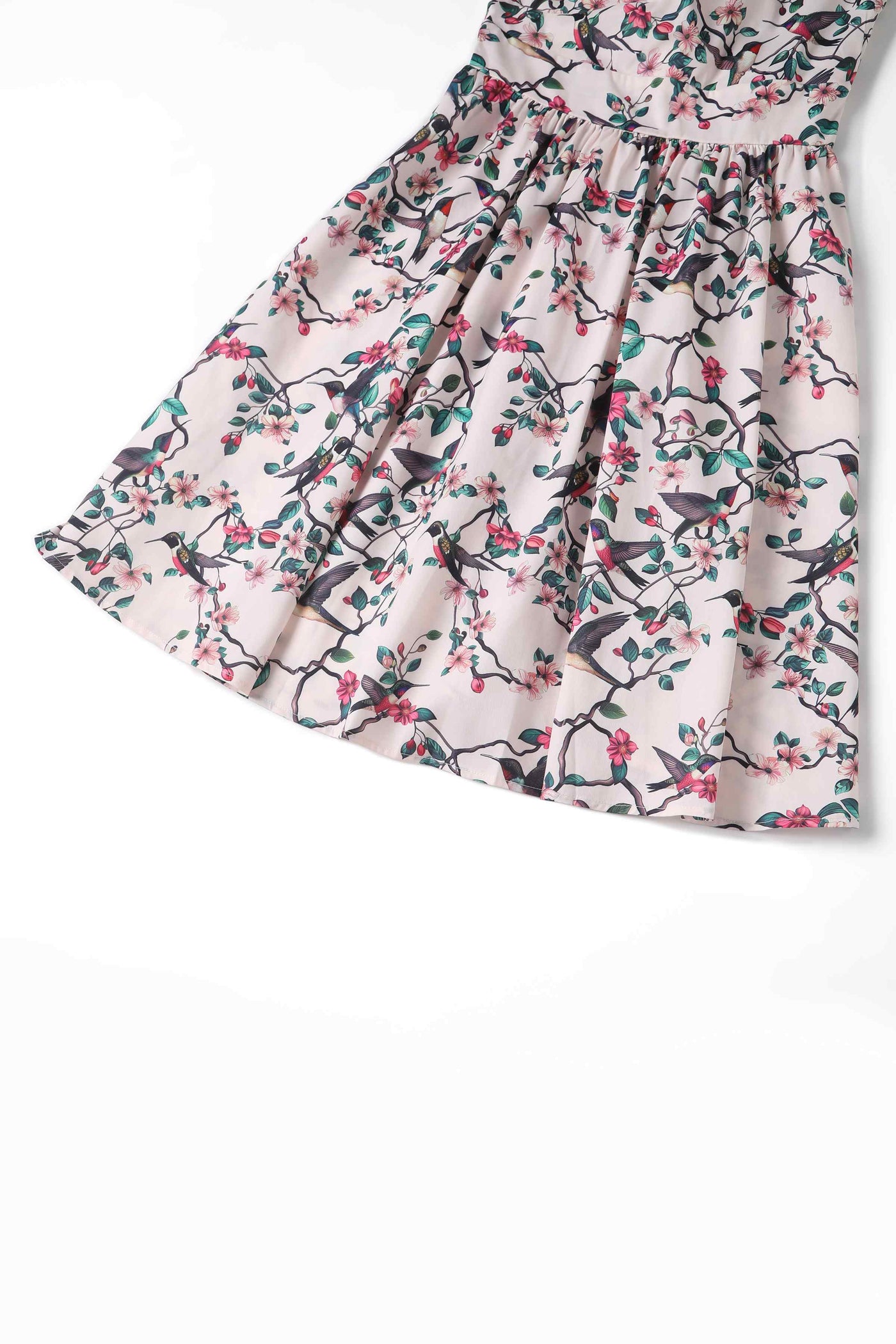 Close up view of Crossover Bust Circle Dress In White Bird Print