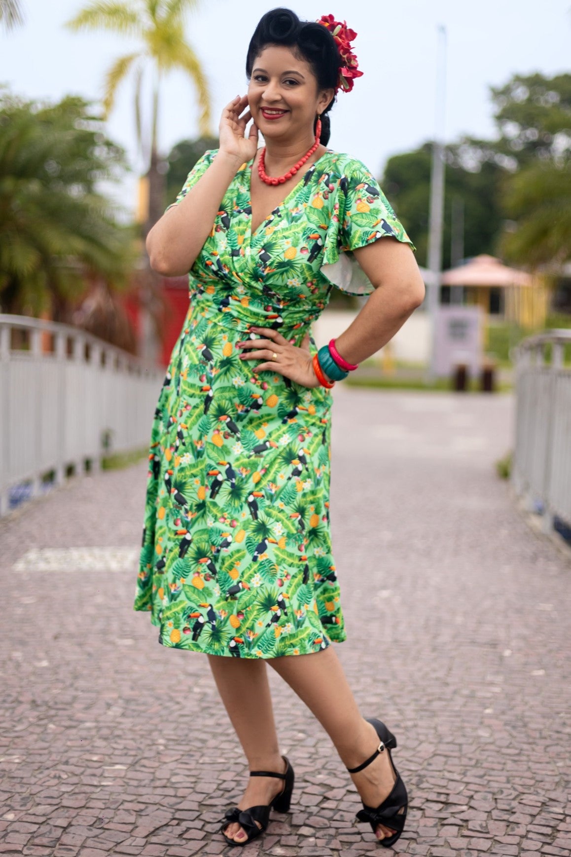 Crossover Bust Green Tropical Toucan Dress