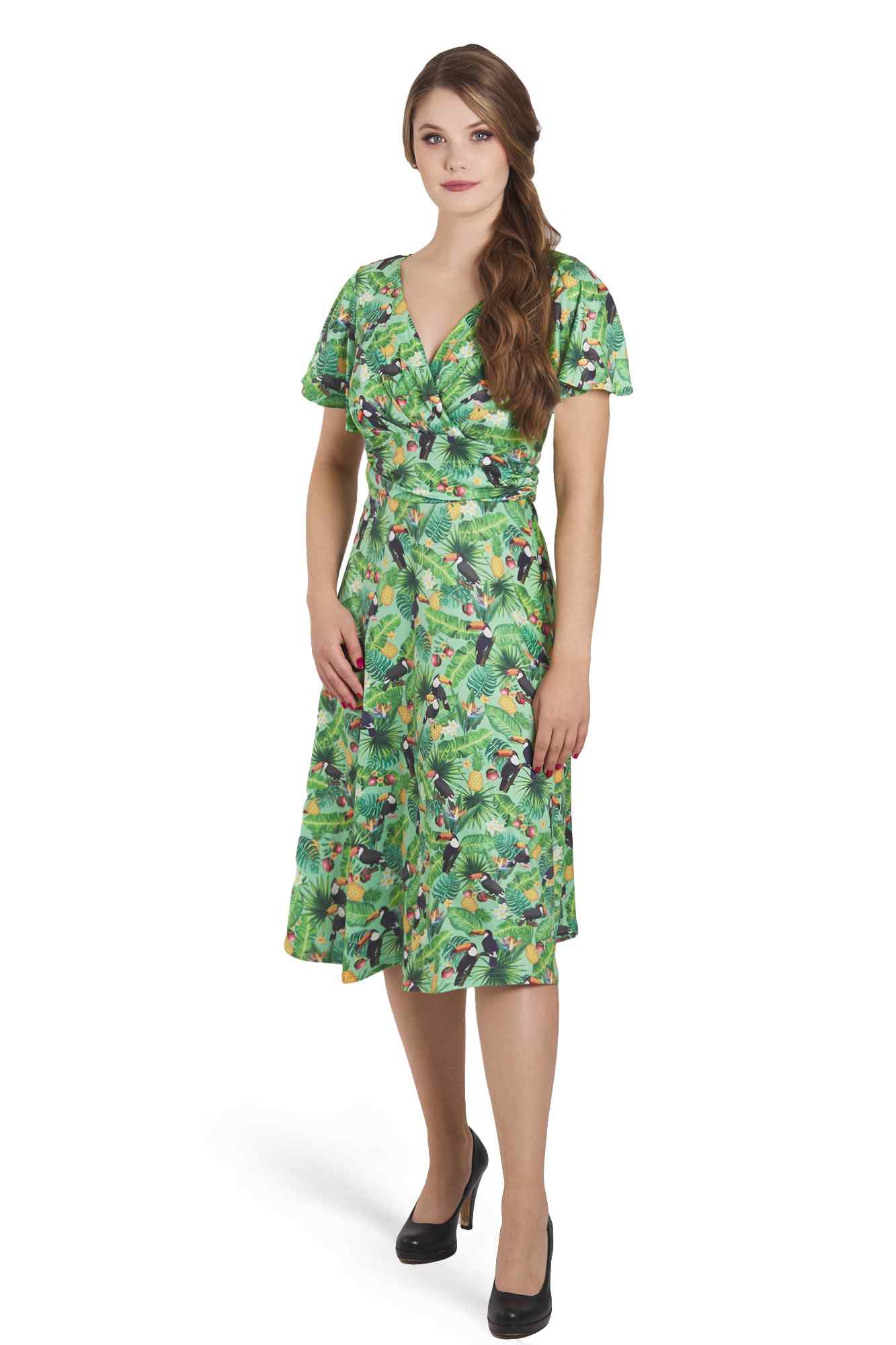 Model photo of crossover Bust Green Tropical Toucan Dress