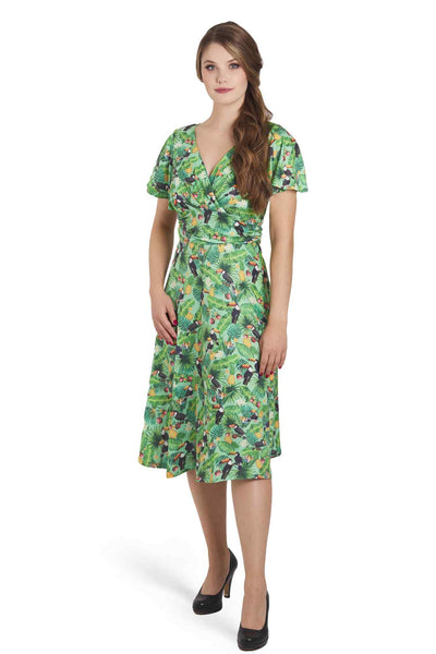 Model photo of crossover Bust Green Tropical Toucan Dress