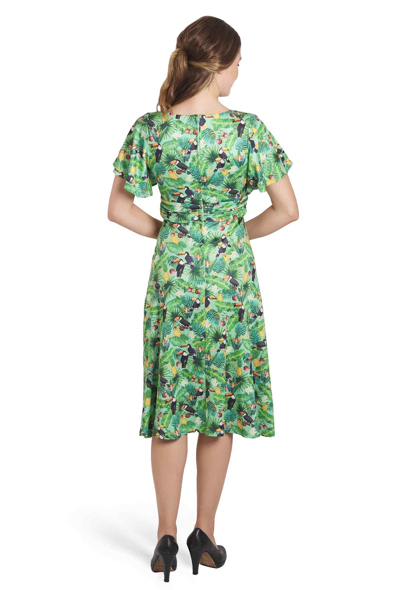 Model photo of crossover Bust Green Tropical Toucan Dress