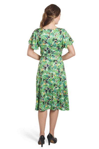 Model photo of crossover Bust Green Tropical Toucan Dress