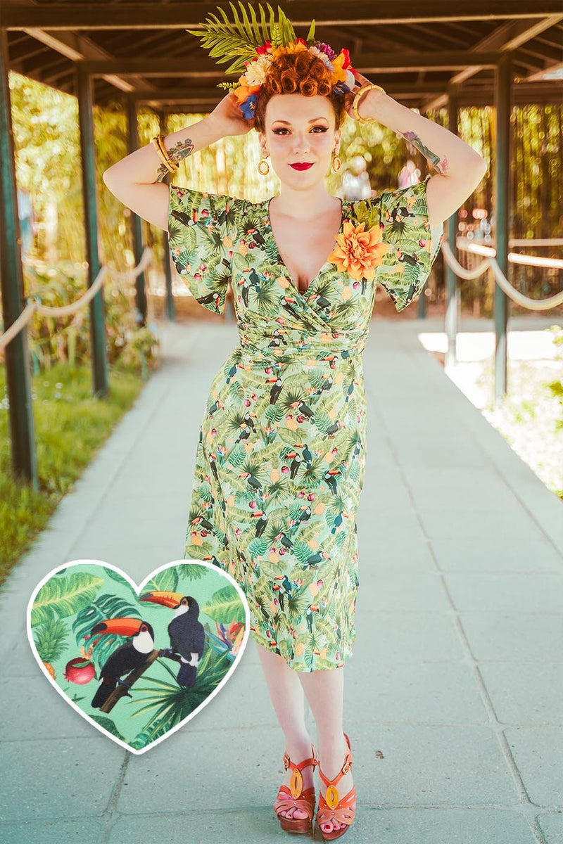 Crossover Bust Green Tropical Toucan Dress