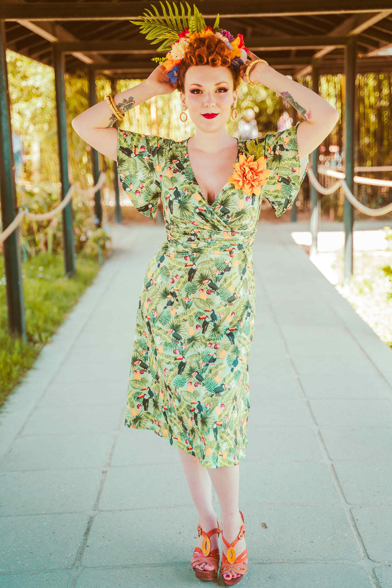 Crossover Bust Green Tropical Toucan Dress