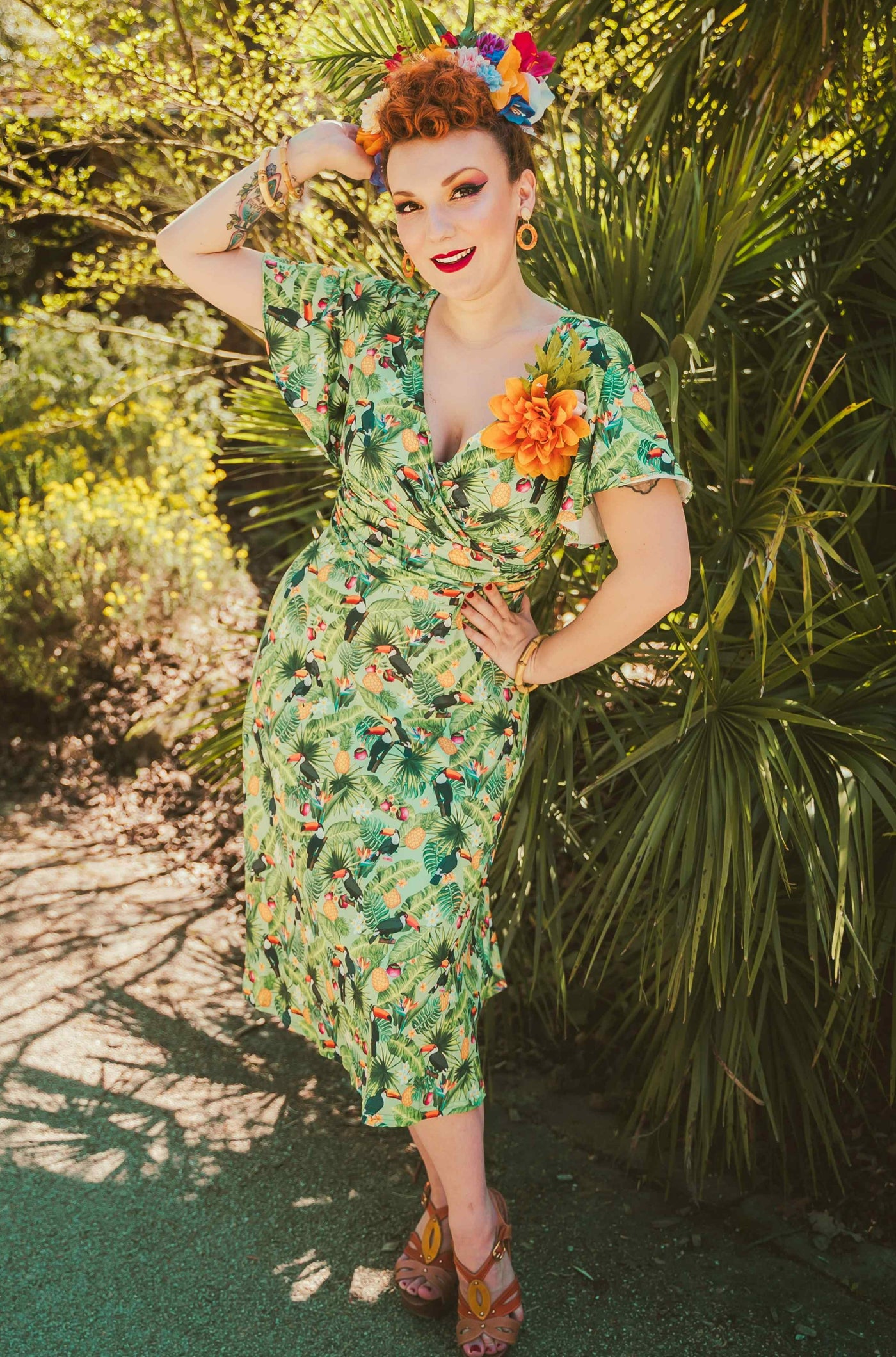 Crossover Bust Green Tropical Toucan Dress