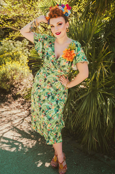 Crossover Bust Green Tropical Toucan Dress