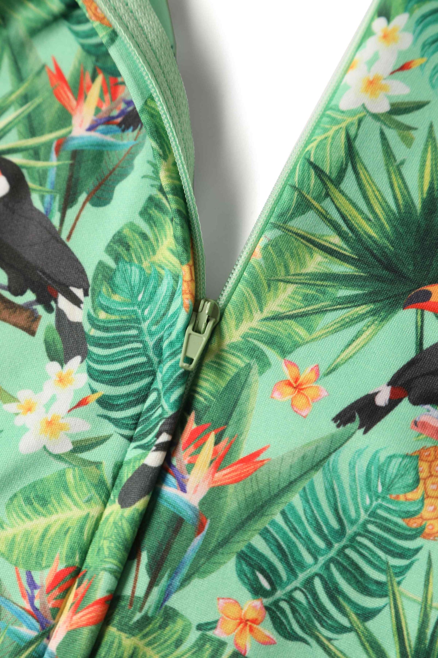 Crossover Bust Green Tropical Toucan Dress